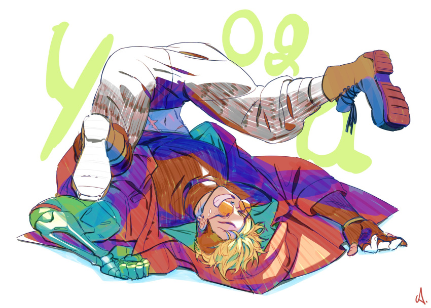 1boy, blonde_hair, brown_footwear, coat, commentary_request, fingerless_gloves, gloves, highres