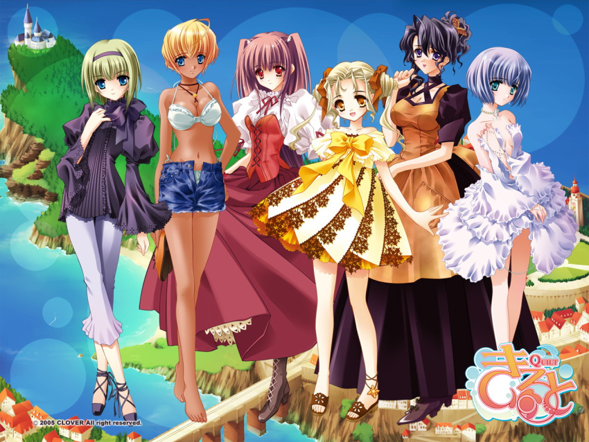 ahoge, airi_(quilt), barefoot, bikini, black_hair, blonde_hair, blouse, blue_eyes, blue_hair, blush, boots, bow, breasts, carnelian, cleavage, dark_skin, denim, denim_shorts, dress, ena_(quilt), everyone, flat_chest, green_eyes, green_hair, hair_ornament, hair_ribbon, hairband, jewelry, kanami_(quilt), kyrie_(quilt), large_breasts, long_hair, mizuki_(quilt), necklace, nishiwaki_yuuri, open_mouth, pink_hair, purple_eyes, quilt, quilt_(game), red_eyes, ribbon, sandals, short_hair, shorts, sia_(quilt), side-tie_bikini, smile, sugiyama_genshou, swimsuit, two_side_up, wallpaper, yellow_eyes
