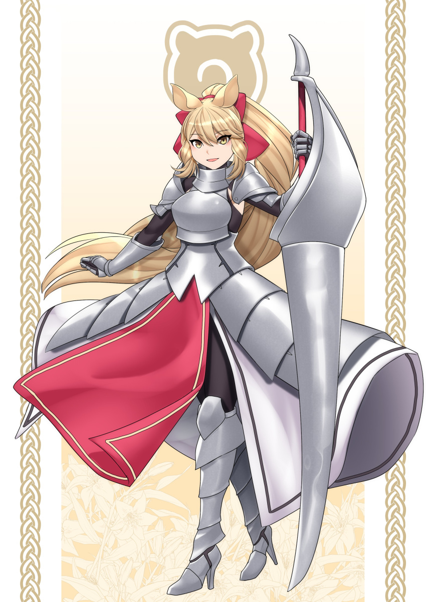 1girl, absurdres, animal_ears, armor, armored_boots, armored_skirt, bangs, blonde_hair