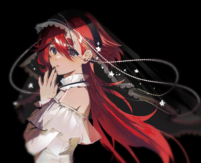 1girl, alternate_costume, animal_print, black_background, black_hairband, butterfly_print, dress, grey_eyes