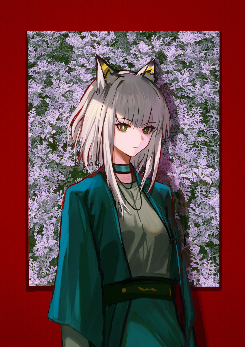 1girl, animal_ears, arknights, blue_jacket, bright_pupils, cat_ears, cat_girl, choker