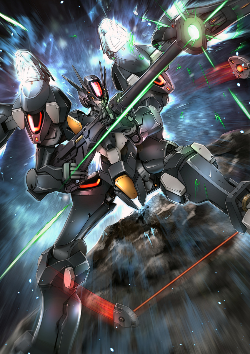 asteroid, ayato_mabu, beam_rifle, bit_(gundam), energy_gun, funnels_(gundam), gundam, gundam_pharact