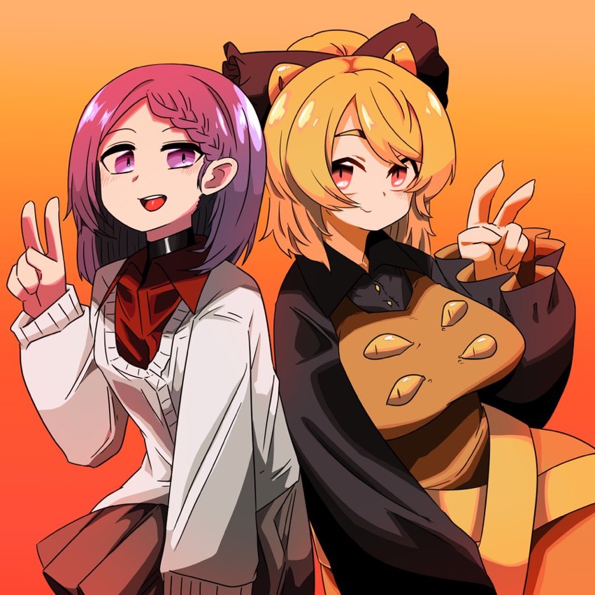 2girls, bangs, black_shirt, black_survival, blonde_hair, blush, bow, braid