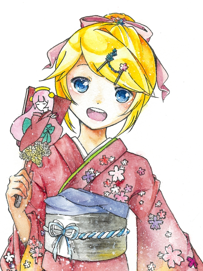 2girls, :d, bangs, blonde_hair, blue_eyes, bow, cherry_blossom_print, enbizaka_no_shitateya_(vocaloid), evillious_nendaiki, floral_print, hair_bow, hair_bun, hair_ribbon, hand_fan, holding, holding_fan, japanese_clothes, kagamine_rin, kimono, looking_at_viewer, mayo_(mayone-u), megurine_luka, miroku_rin, multiple_girls, obi, painting_(medium), red_kimono, ribbon, sash, short_hair, smile, sudou_kayo, swept_bangs, traditional_media, vocaloid, watercolor_(medium)