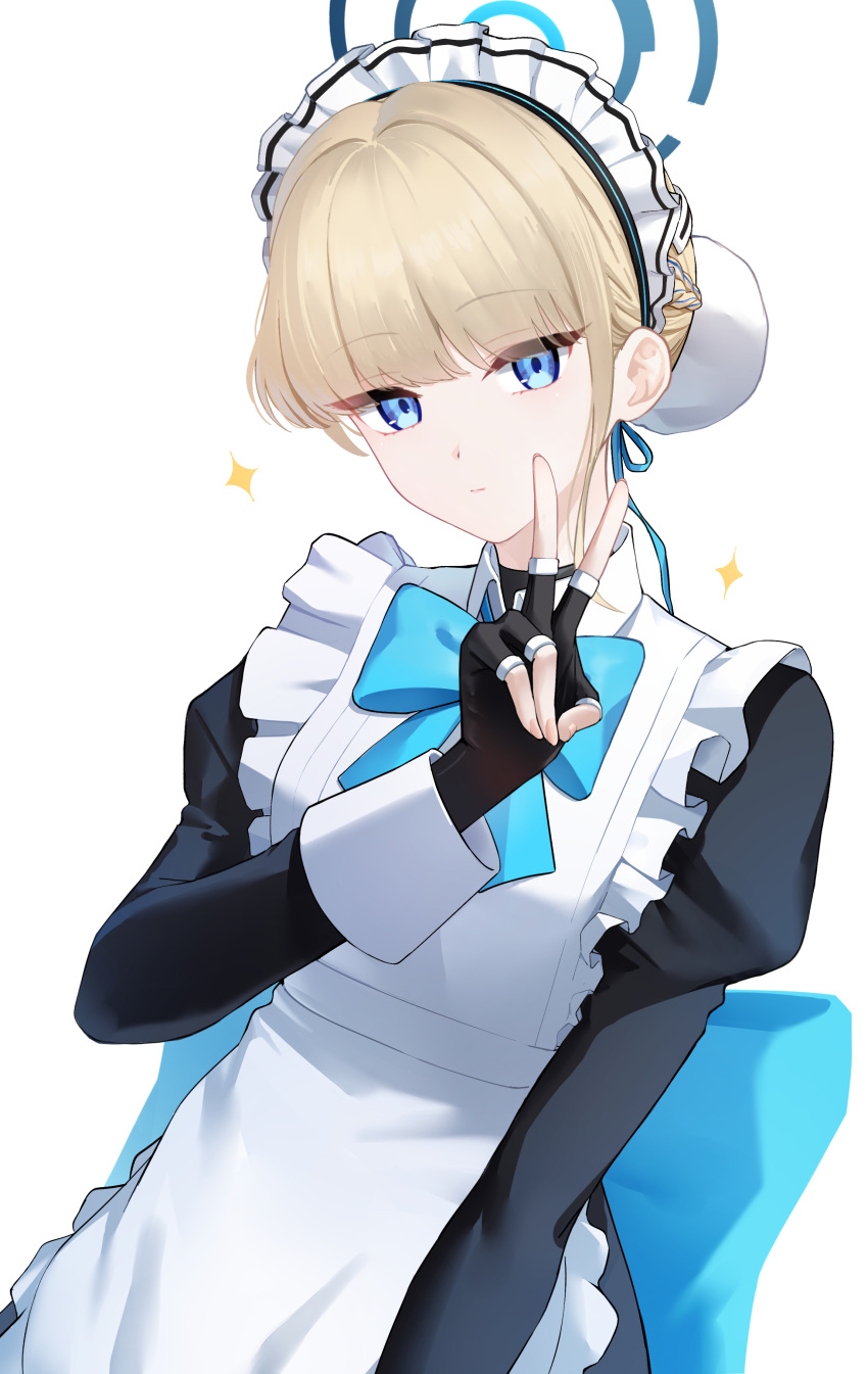 1girl, absurdres, apron, bangs, black_dress, black_gloves, blonde_hair, blue_archive