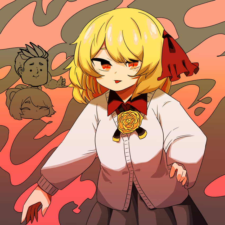 bangs, black_survival, blonde_hair, blush, breasts, cardigan, chibi, chibi_inset, closed_mouth, collared_shirt, commentary_request, cowboy_shot, flower, grey_skirt, hair_ribbon, highres, kurodani_yamame, long_sleeves, looking_at_viewer, magnus_scott, medium_breasts, medium_hair, pleated_skirt, red_eyes, red_ribbon, red_shirt, ribbon, rinyamame, rose, rumia, shirt, skirt, smile, solo_focus, tongue, tongue_out, touhou, white_cardigan, yellow_flower, yellow_rose