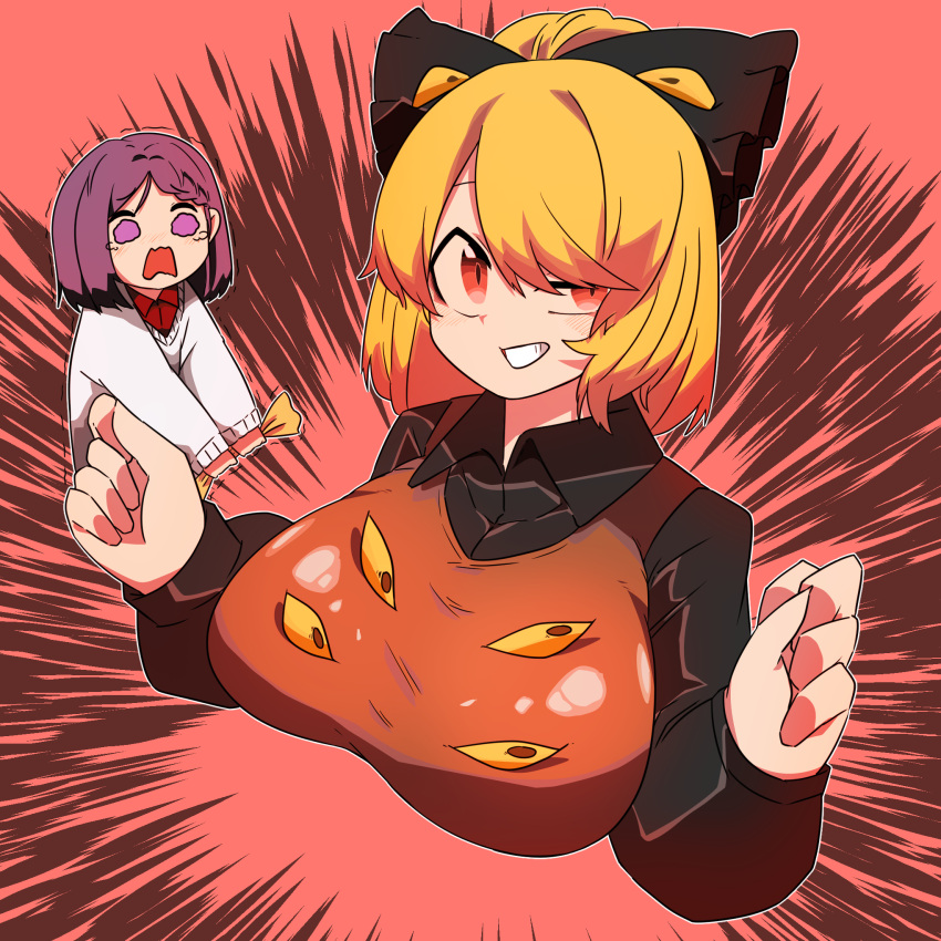2girls, black_bow, black_shirt, black_survival, blonde_hair, blush, bow, breasts