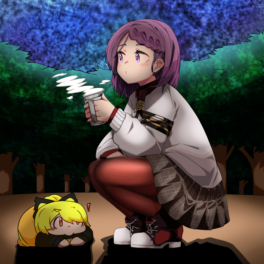 !, 2girls, black_bow, black_shirt, black_survival, blonde_hair, blush, bow