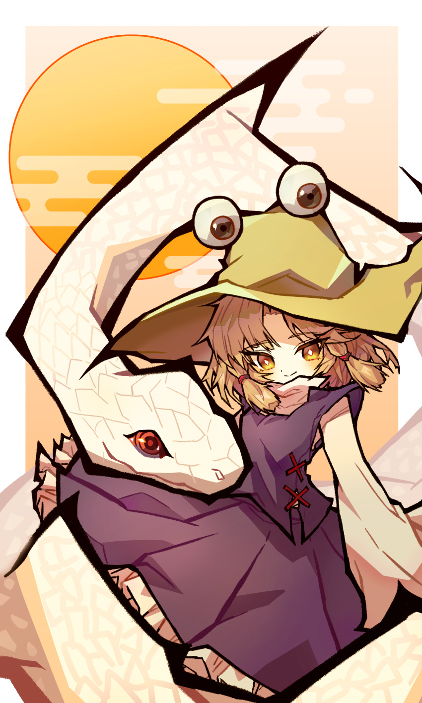 1girl, absurdres, bangs, blonde_hair, brown_headwear, closed_mouth, commentary, feet_out_of_frame