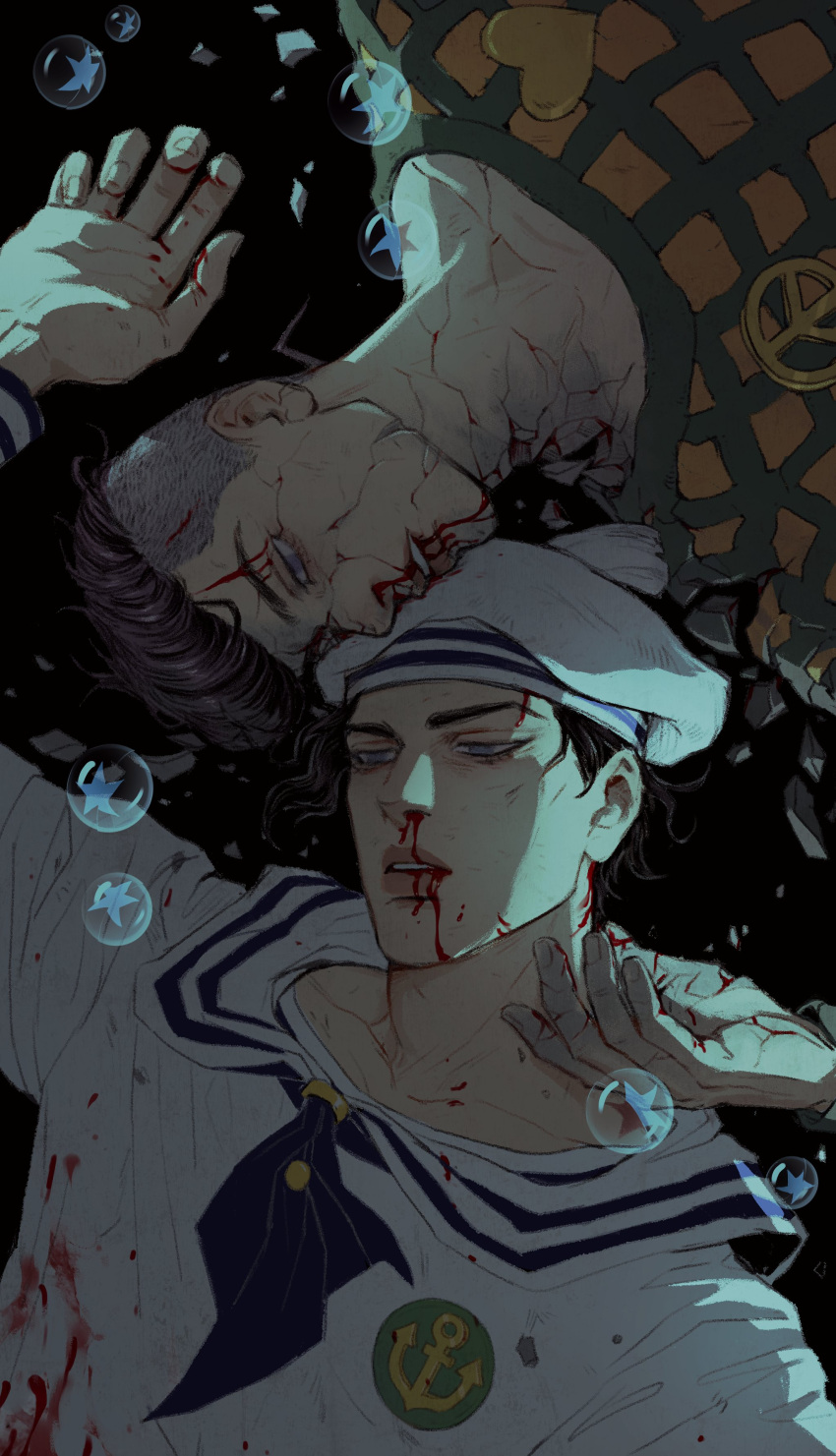 2boys, absurdres, black_hair, bleeding, blood, blood_on_clothes, bubble, crumbling