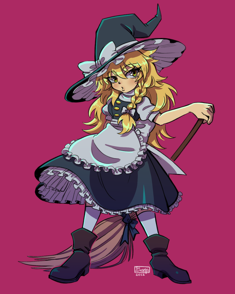 1girl, 3eep, apron, black_footwear, black_headwear, black_vest, blonde_hair, blush