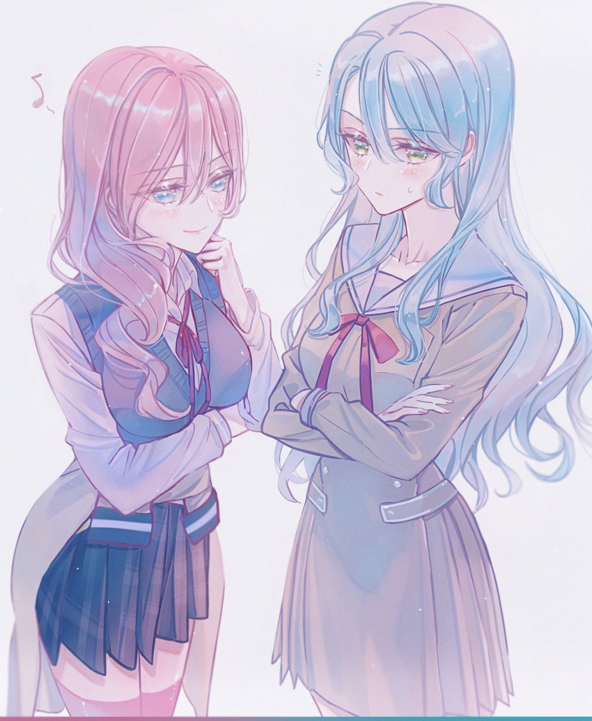 2girls, aqua_eyes, aqua_hair, arm_under_breasts, arms_under_breasts, bang_dream!, bangs, black_skirt, black_sweater_vest, blackfangs, blush, breasts, brown_dress, brown_jacket, buttons, chinese_commentary, closed_mouth, clothes_around_waist, collarbone, collared_shirt, commentary_request, cowboy_shot, crossed_arms, crossover, double-breasted, dress, eighth_note, fingernails, green_eyes, grey_background, hair_between_eyes, hair_over_shoulder, hanasakigawa_school_uniform, hand_on_own_arm, hand_on_own_chin, hand_up, highres, hikawa_sayo, jacket, jacket_around_waist, kudou_haruka_(seiyuu), large_breasts, light_particles, long_hair, long_sleeves, looking_away, miniskirt, multiple_girls, musical_note, neck_ribbon, notice_lines, pink_hair, plaid, plaid_skirt, pleated_dress, pleated_skirt, red_ribbon, red_thighhighs, ribbon, sailor_collar, sailor_dress, school_uniform, shirt, shoujo_kageki_revue_starlight, shoujo_kageki_revue_starlight_-re_live-, sidelocks, simple_background, skirt, smile, standing, sweatdrop, sweater_vest, thigh-highs, tsuruhime_yachiyo, very_long_hair, voice_actor_connection, wavy_hair, white_sailor_collar, white_shirt, zettai_ryouiki