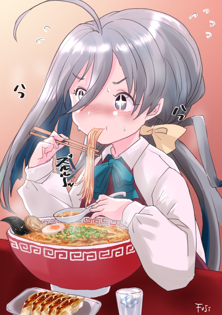 1girl, ahoge, aqua_bow, aqua_bowtie, bow, bowtie, collared_shirt, commentary_request