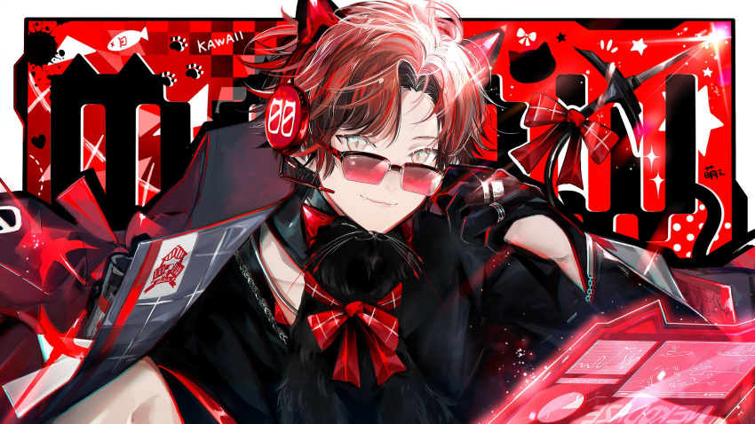 1boy, alternate_costume, animal_ear_headphones, animal_ears, bangs, black_cat, black_collar, black_gloves, black_shirt, border, bow, bracelet, cat, cat_ear_headphones, chain_necklace, checkered_background, chromatic_aberration, collar, commentary, crown_(artist), curtained_hair, fake_animal_ears, fangs, glint, gloves, headphones, headset, highres, holographic_interface, holostars, holostars_english, jacket, jacket_on_shoulders, jewelry, long_sleeves, looking_at_viewer, machina_x_flayon, male_focus, mechanical_tail, multiple_rings, necklace, notice_lines, orange_eyes, outside_border, paw_print, paw_print_background, polka_dot, polka_dot_background, red-tinted_eyewear, red_background, red_bow, red_jacket, redhead, ring, shirt, short_hair, smile, solo, sparkle, star_(symbol), sunglasses, tail, tail_bow, tail_ornament, tinted_eyewear, upper_body, virtual_youtuber, white_border