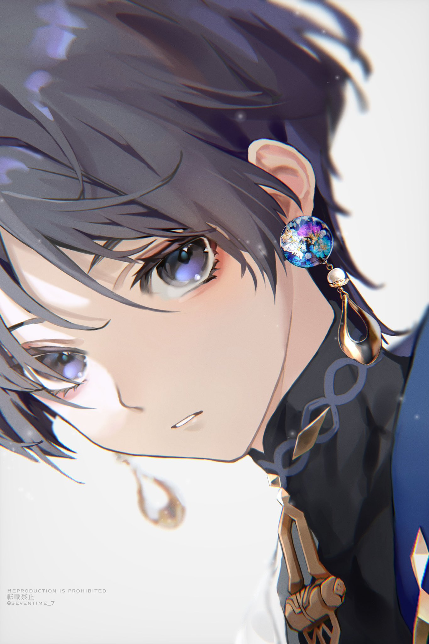 1boy, androgynous, blunt_ends, earrings, eyeshadow, genshin_impact, gold_earrings, gold_trim