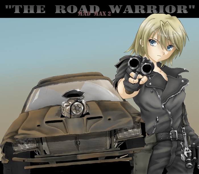 ford_falcon_xb, genderswap, gun, leather_jacket, mad_max, max_rockatansky, may_(darkcore), motor_vehicle, muscle_car, pov_aiming, sawed-off_shotgun, shotgun, vehicle, weapon, wrench