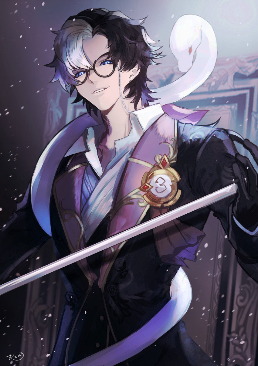 1boy, animal_around_neck, badge, black_gloves, black_hair, black_jacket, blue_eyes, blue_sclera