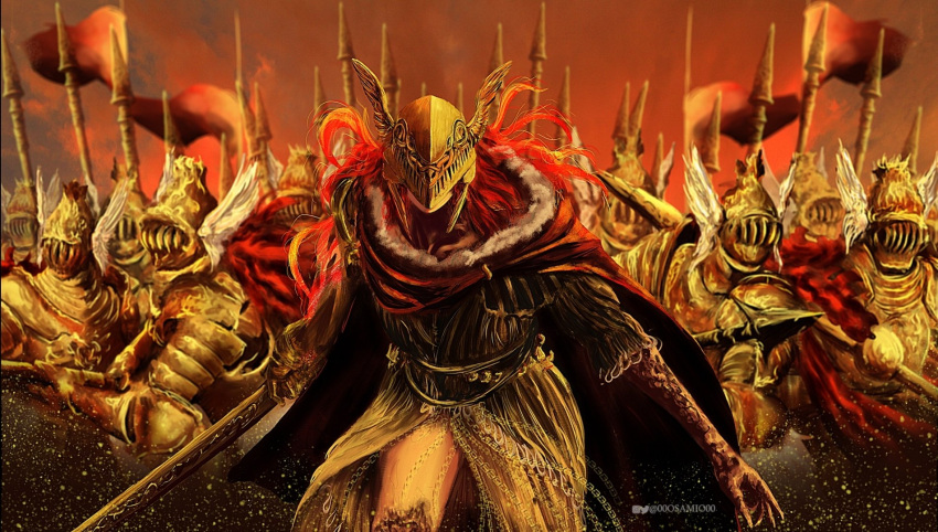 00osamio00, 6+girls, armor, army, artist_name, banner, cape, cleanrot_knight
