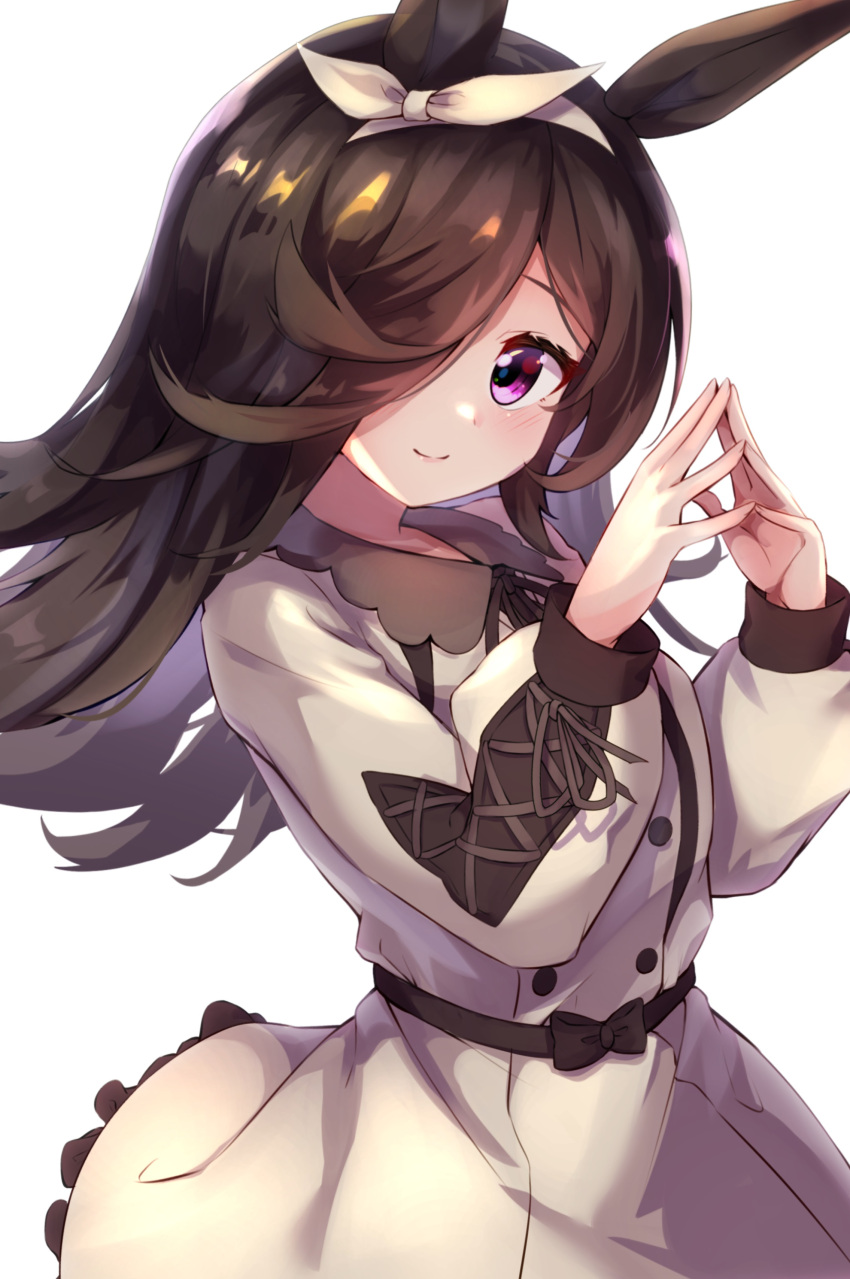 1girl, absurdres, animal_ears, blush, brown_hair, casual, commentary_request, hair_over_one_eye
