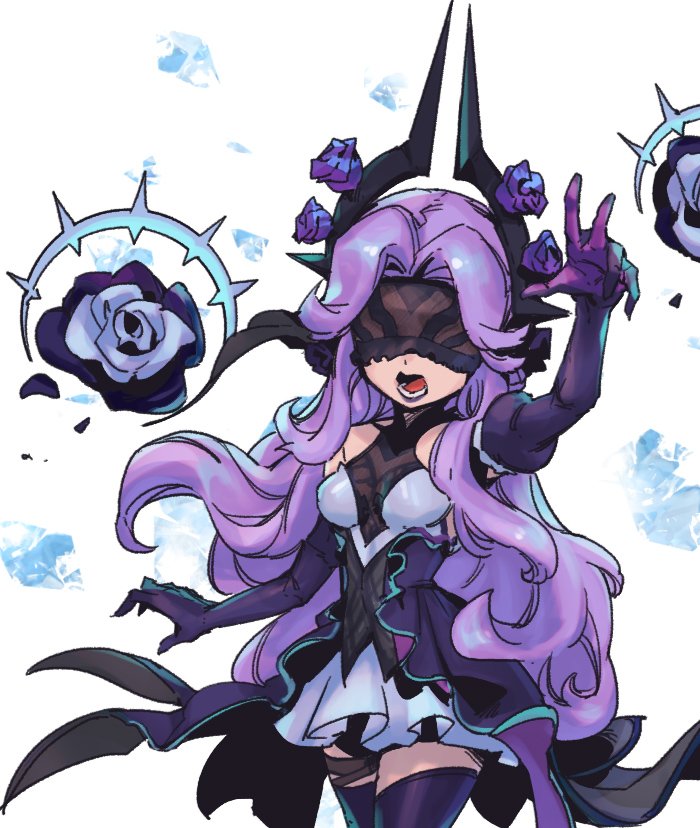 1girl, arm_up, bangs, bare_shoulders, black_dress, blindfold, breasts, commentary, cowboy_shot, dress, elbow_gloves, flower, gloves, horns, league_of_legends, long_hair, lower_teeth_only, multicolored_clothes, multicolored_dress, open_mouth, phantom_ix_row, pink_hair, purple_flower, purple_gloves, small_breasts, solo, spirit_blossom_syndra, symbol-only_commentary, syndra, teeth, thigh-highs, tongue, white_background, white_dress