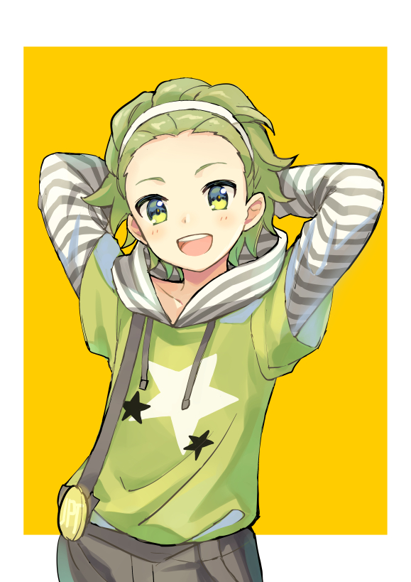1boy, arms_behind_head, green_eyes, green_hair, green_shirt, hairband, hood, hoodie