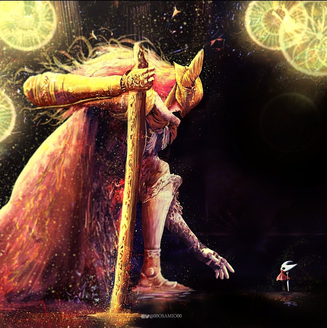 00osamio00, 2girls, amputee, armor, artist_name, black_background, closed_mouth, covered_eyes, elden_ring, fur_trim, gold_armor, helmet, holding, holding_weapon, hollow_knight, hornet_(hollow_knight), instagram_username, long_hair, malenia_blade_of_miquella, multiple_girls, one_knee, reaching, redhead, size_difference, sword, triple_amputee, twitter_username, weapon, winged_helmet