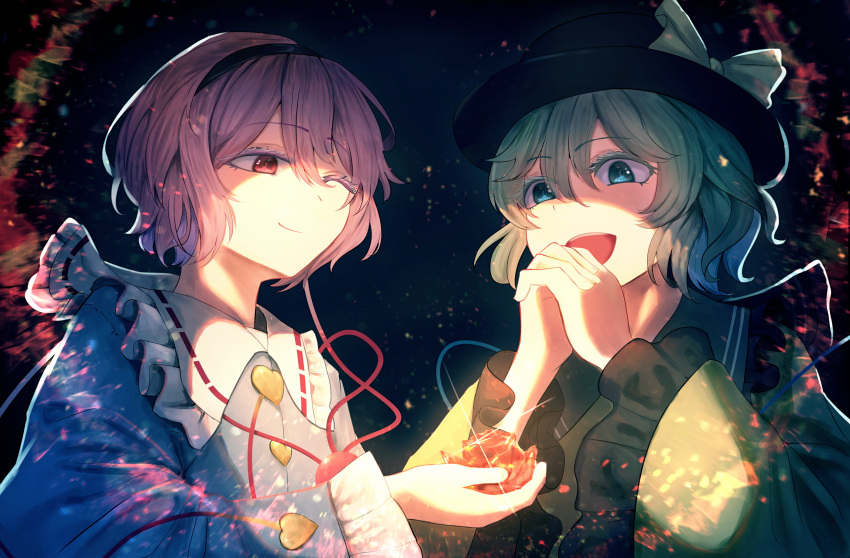 2girls, :d, ;), black_hairband, black_headwear, blouse, blue_eyes, blue_shirt, bow, buttons, closed_mouth, commentary, diamond_button, flower, frilled_shirt_collar, frilled_sleeves, frills, green_hair, hair_between_eyes, hair_ornament, hairband, hat, hat_bow, heart, heart_button, heart_hair_ornament, highres, holding, holding_flower, interlocked_fingers, komeiji_koishi, komeiji_satori, kougekiryoku, long_sleeves, looking_at_another, multiple_girls, one_eye_closed, open_mouth, own_hands_together, pink_hair, red_eyes, red_flower, shirt, short_hair, siblings, sisters, smile, third_eye, touhou, upper_body, wide_sleeves, yellow_bow, yellow_shirt
