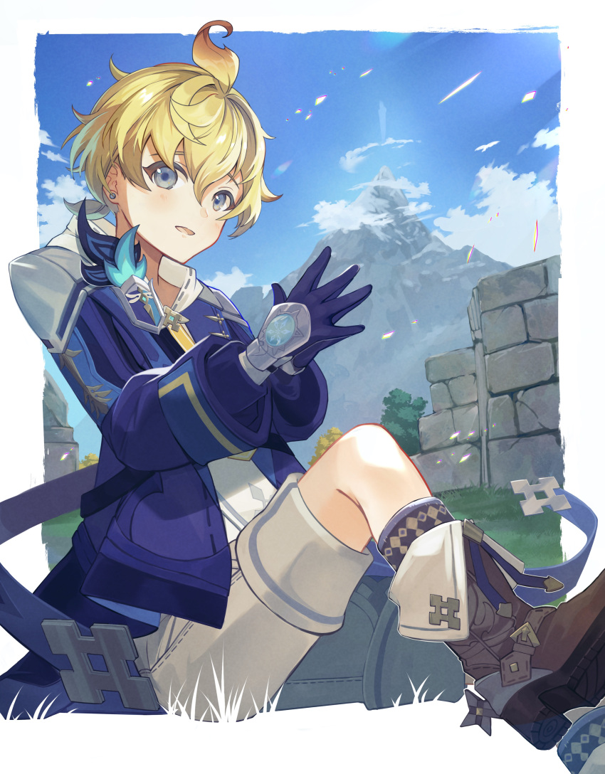 1boy, absurdres, blonde_hair, blue_eyes, blue_gloves, blue_jacket, brown_footwear, earrings, genshin_impact, gloves, highres, hood, hoodie, jacket, jewelry, long_sleeves, looking_at_viewer, male_focus, mika_(genshin_impact), mikamimichael, necktie, short_hair, short_ponytail, shorts, sitting, vision_(genshin_impact), white_hoodie, white_shorts, yellow_necktie