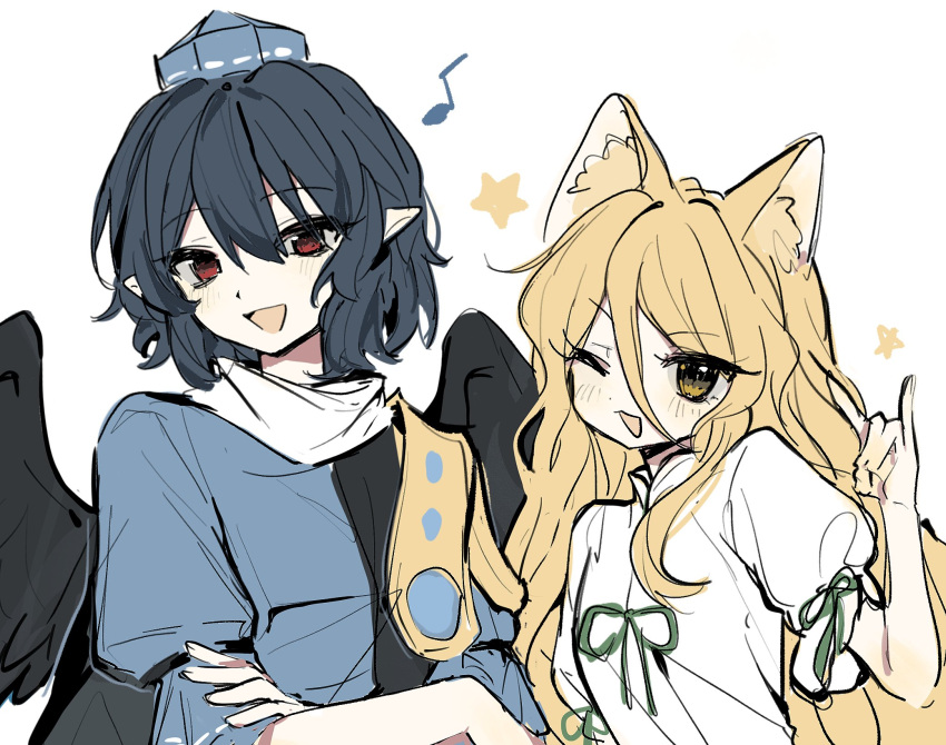 2girls, :d, ;d, alternate_hair_length, alternate_hairstyle, animal_ears, bangs, black_wings