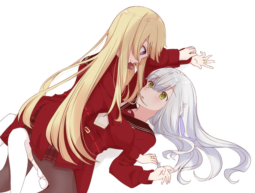 2girls, all_fours, arm_up, assault_lily, belt, belt_buckle, benini, blonde_hair
