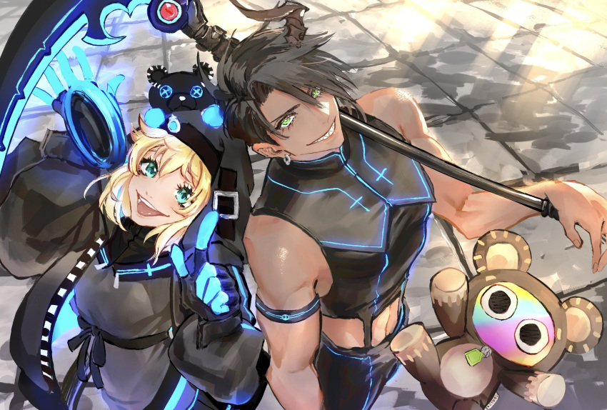 1boy, 1girl, :d, alternate_costume, animal_costume, aqua_eyes, aragami_oga, arm_strap