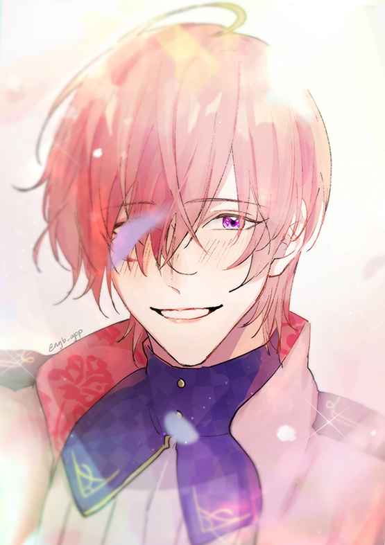 1boy, blush, cendrillon_palika, jacket, kaori, looking_at_viewer, male_focus, multicolored_shirt, purple_shirt, redhead, shien_clinochlore, shirt, short_hair, smile, solo, teeth, violet_eyes, white_background, white_jacket, white_shirt