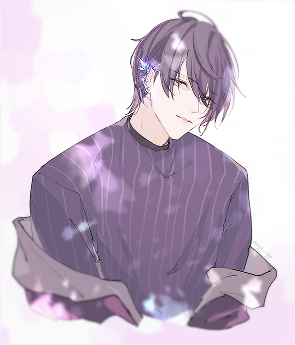 1boy, black_hair, black_jacket, blue_eyes, cendrillon_palika, ear_piercing, grey_shirt, jacket