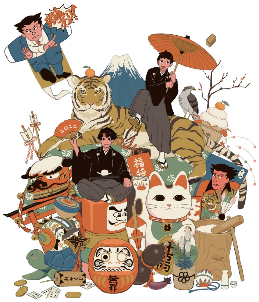 23011620x, 2boys, ace_attorney, arrow_(projectile), bag, bird, black_hair, black_kimono, food, fruit, furio_tigre, geta, hakama, hand_fan, hawk, highres, holding, holding_umbrella, japanese_clothes, kadomatsu, kazuma_asogi, kimono, kine, mallet, mandarin_orange, maneki-neko, mochi, multiple_boys, new_year, objection, oil-paper_umbrella, phoenix_wright, red_umbrella, ryunosuke_naruhodo, sitting, smile, socks, tengu, the_great_ace_attorney, tiger, torii, turtle, umbrella, white_socks