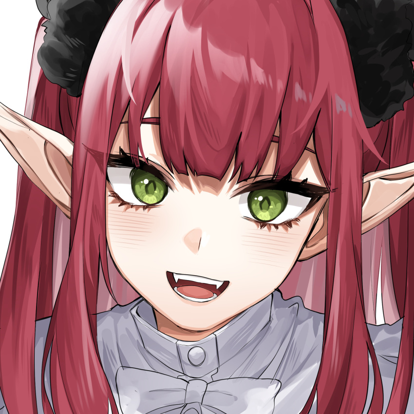 1girl, bangs, fangs, green_eyes, hair_ornament, hair_scrunchie, highres, kitagawa_marin, light_blush, long_hair, looking_at_viewer, mugripley, open_mouth, pointy_ears, redhead, scrunchie, simple_background, smile, solo, sono_bisque_doll_wa_koi_wo_suru, white_background