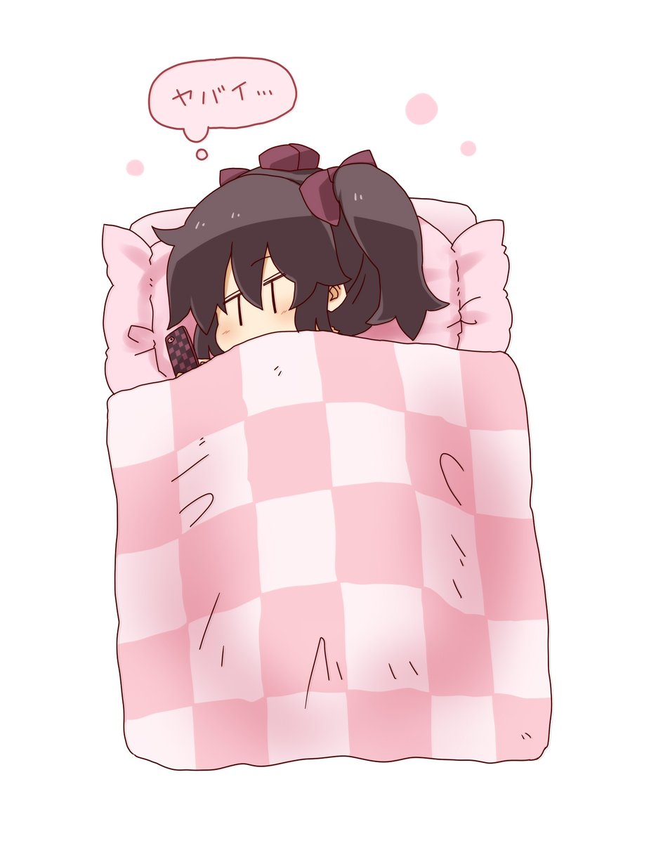 1girl, bangs, black_hair, blush, bow, cellphone, chibi, commentary_request