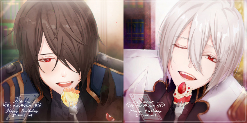 2018, 2boys, black_hair, brothers, cake, dated, food, happy_birthday, kaori, looking_at_viewer, male_focus, multiple_boys, one_eye_closed, open_mouth, rain_(shiro_to_kuro_no_alice), shiro_to_kuro_no_alice, short_hair, siblings, smile, snow_(shiro_to_kuro_no_alice), twins, white_hair