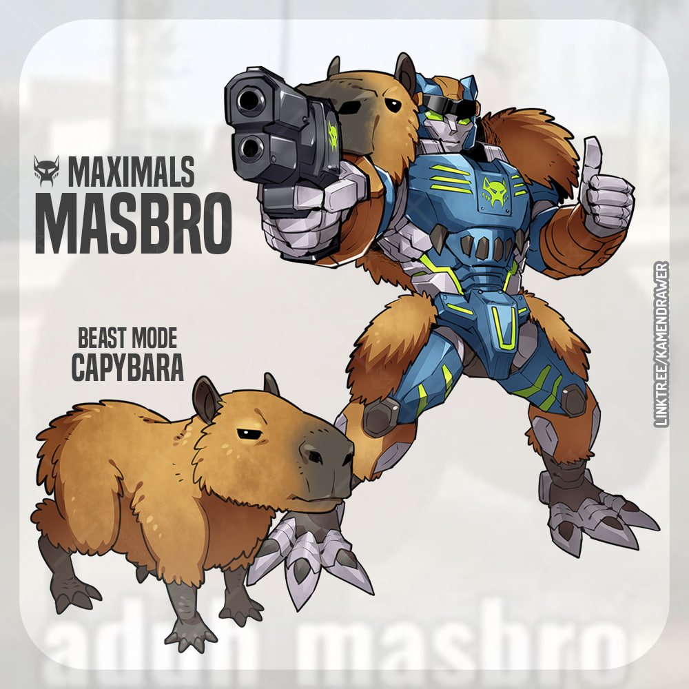 ashmish, beast_wars, black_eyes, capybara, character_name, green_eyes, gun, holding, holding_gun, holding_weapon, looking_at_viewer, maximal, mecha, no_humans, original, robot, smile, standing, thumbs_up, transformers, weapon, web_address