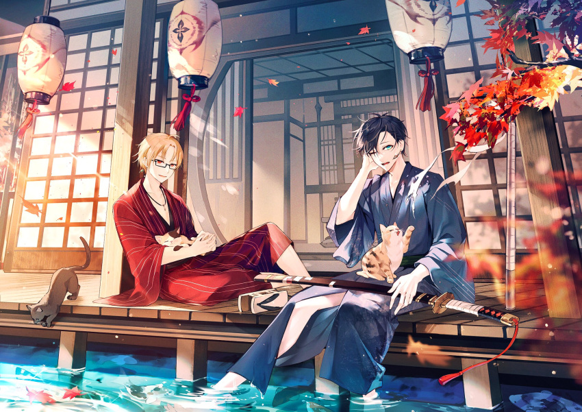 2boys, ;d, animal_on_lap, aqua_eyes, architecture, autumn_leaves, bangs, barefoot, black_cat, black_hair, blonde_hair, blue_kimono, bokken, branch, calico, cat, earrings, east_asian_architecture, falling_leaves, full_body, geta, glasses, highres, japanese_clothes, jewelry, katana, kimono, knee_up, lantern, leaf, looking_at_viewer, male_focus, multiple_boys, necklace, on_lap, one_eye_closed, original, paper_lantern, parted_bangs, parted_lips, red_eyes, red_kimono, sandals, sandals_removed, sheath, sheathed, short_hair, sitting, smile, soaking_feet, striped, striped_kimono, swept_bangs, sword, veranda, water, weapon, wooden_sword, yu_pa_u, yukata