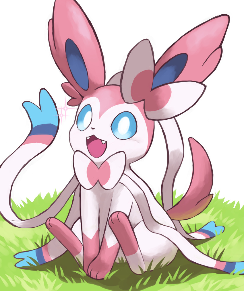 :d, absurdres, blue_eyes, bright_pupils, commentary_request, fangs, grass, highres