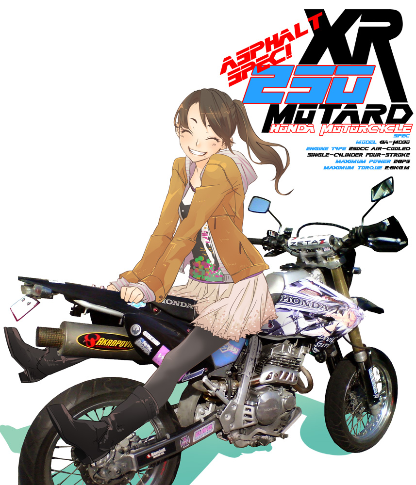 boots, closed_eyes, itasha, legs, motard, motor_vehicle, motorcycle, original, pantyhose, ponytail, sasetsu, skirt, smile, solo, supermoto, vehicle