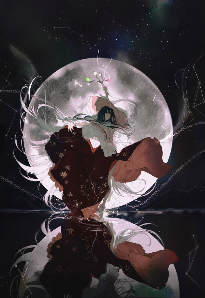 1girl, absurdres, barefoot, black_hair, blush, branch, brown_eyes, chain