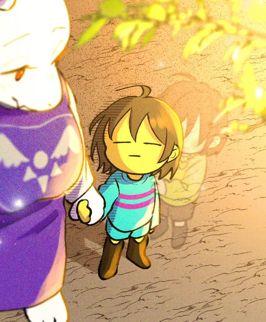 1girl, 2others, =_=, barefoot, bloom, blue_sweater, blush_stickers, boots, brown_footwear, brown_shorts, chara_(undertale), child, colored_skin, delta_rune_(symbol), dress, faceless, frisk_(undertale), furry, furry_female, ghost, goat_girl, green_sweater, heart, heart-shaped_lock, heart_necklace, hiding, hiding_behind_another, highres, holding_hands, jewelry, light_particles, locket, looking_at_another, moruineko, multiple_others, necklace, pendant, purple_dress, purple_robe, robe, see-through, shorts, striped_clothes, striped_sweater, sunset, sweater, toriel, undertale, white_fur, yellow_skin