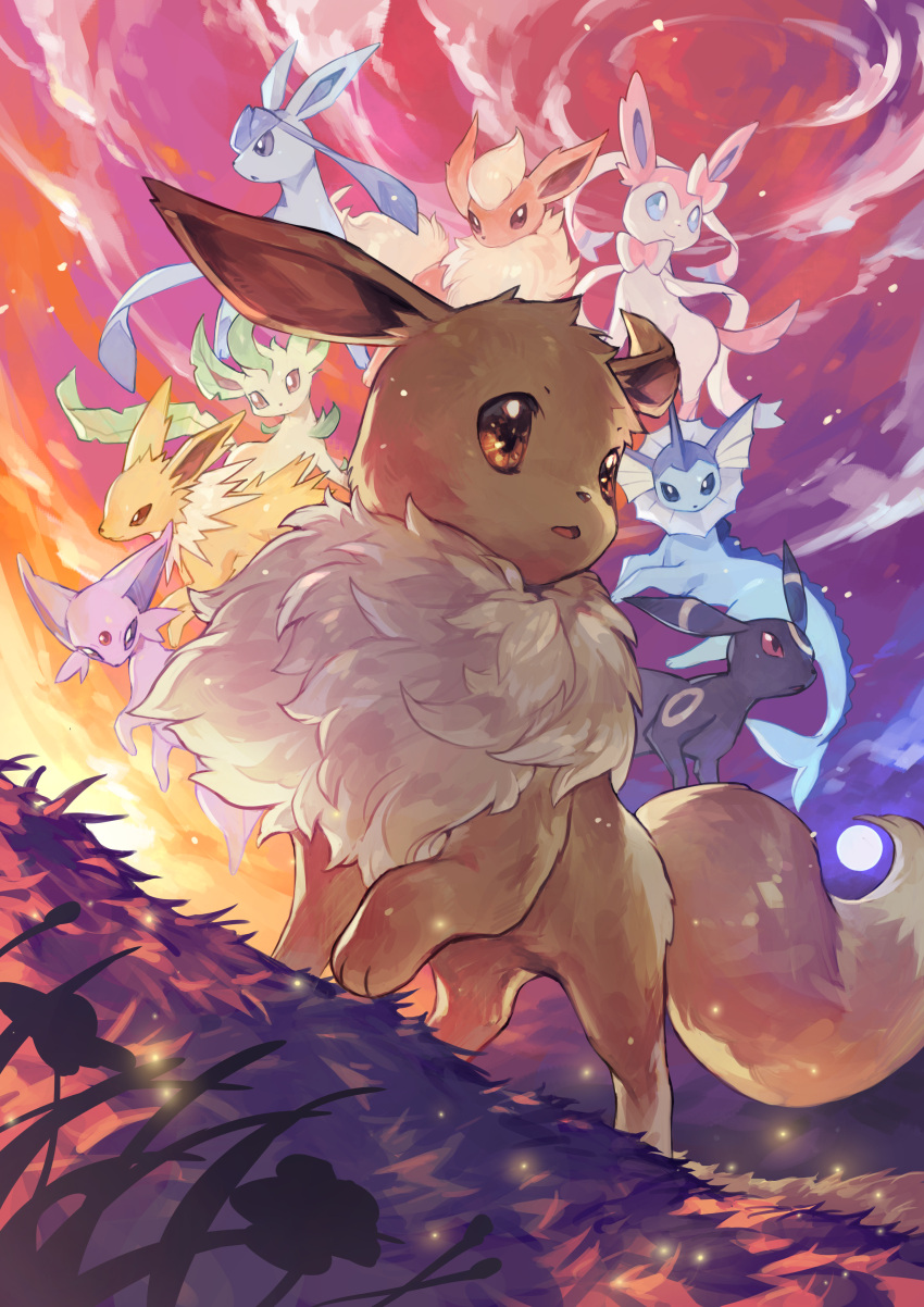 absurdres, animal_focus, backlighting, brown_eyes, clouds, commentary_request, dutch_angle, eevee