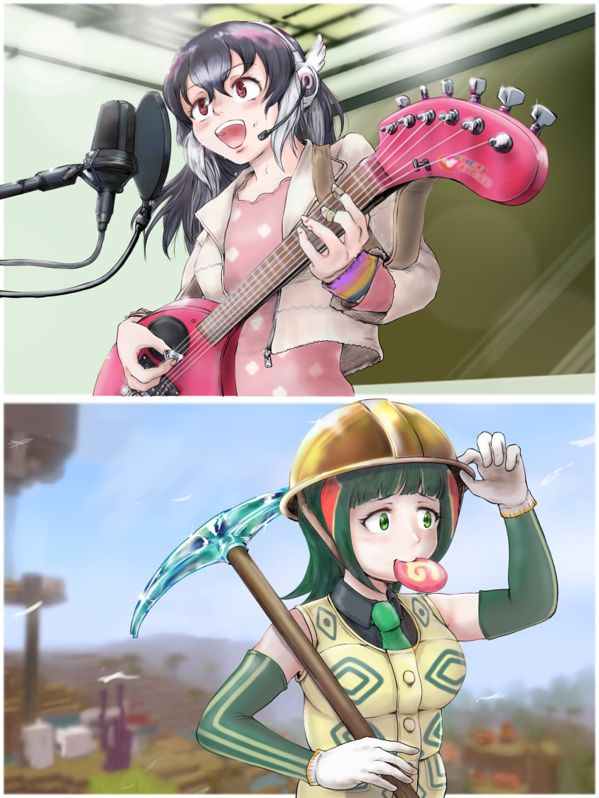 2girls, african_penguin_(kemono_friends), black_hair, elbow_gloves, food, gloves, green_eyes, green_hair