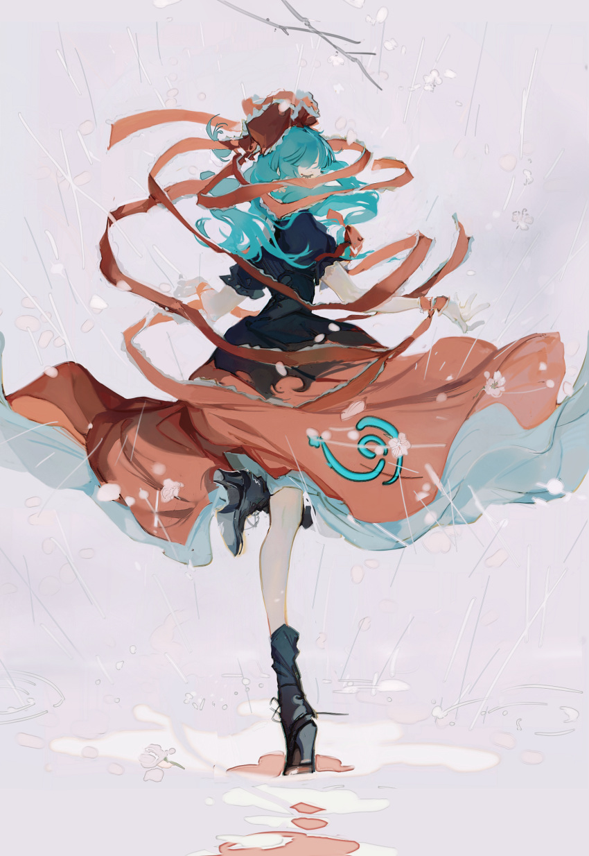 1girl, absurdres, black_dress, boots, chinese_commentary, closed_eyes, dress, floating_hair