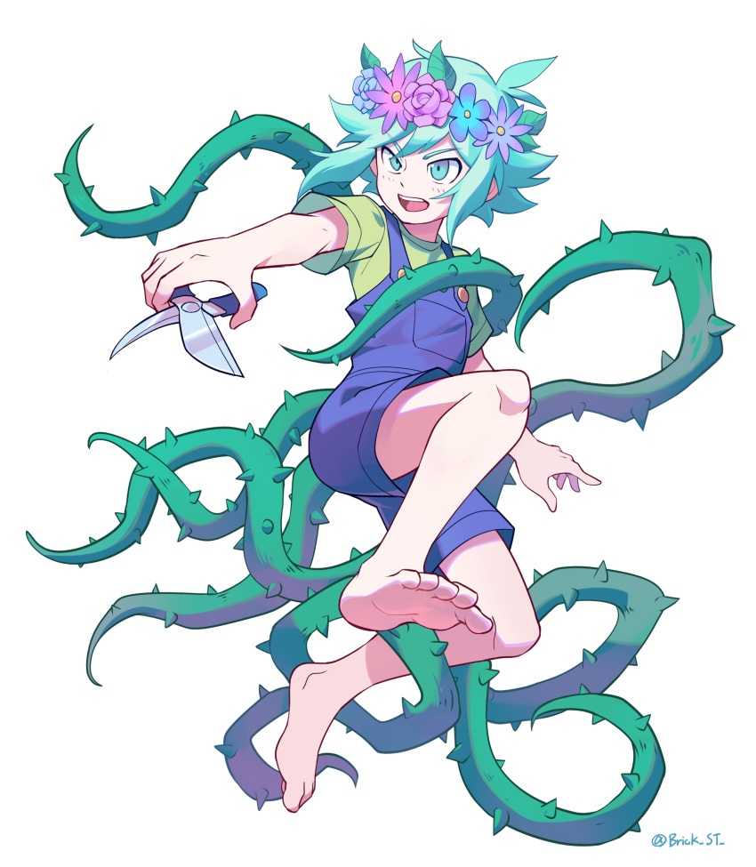 1boy, absurdres, barefoot, basil_(omori), blue_overalls, brick_st, flower, full_body