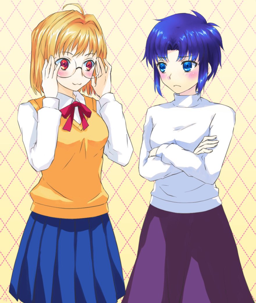 2girls, :3, arcueid_brunestud, arcueid_brunestud_(cosplay), bespectacled, blonde_hair, blue_eyes, blue_hair