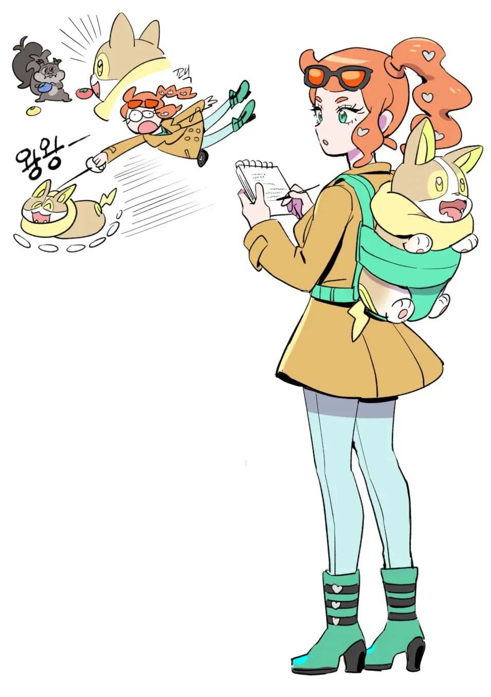 1girl, aqua_eyes, bad_id, bad_twitter_id, berry_(pokemon), boots, coat, dede_(qwea_00000)