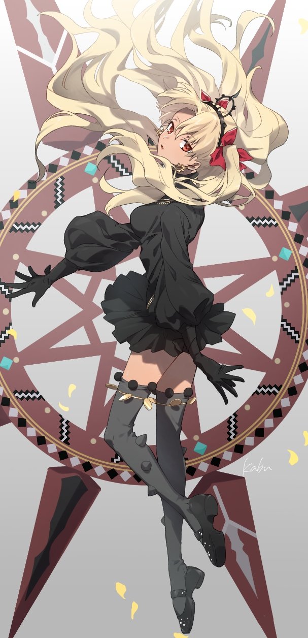 1girl, bangs, black_dress, black_footwear, black_gloves, black_thighhighs, blonde_hair, breasts